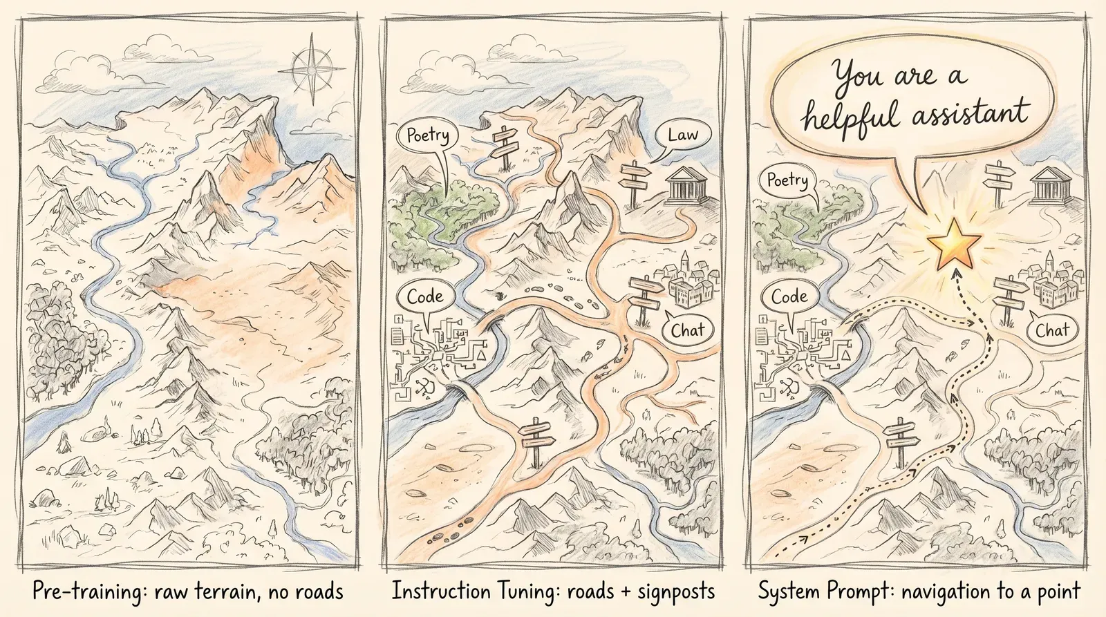 Pre-training builds the continent, Instruction Tuning builds roads, System Prompt navigates to a point