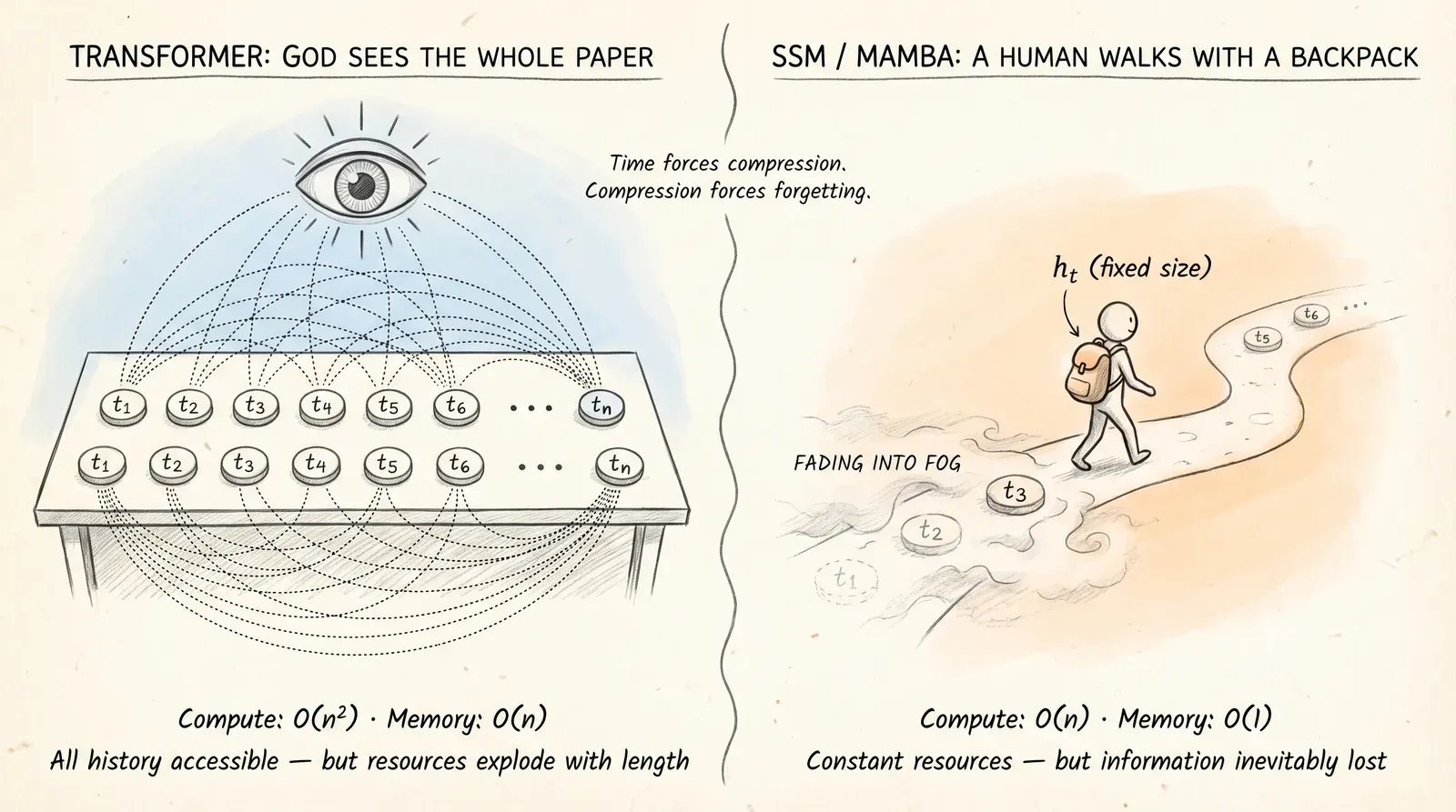 Transformer (God's-eye view) vs SSM/Mamba (walking with a backpack)